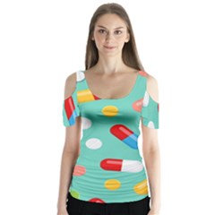 Pills Medicines Seamless Pattern Blue Background Butterfly Sleeve Cutout Tee 