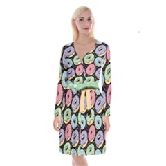 Colorful Donut Seamless Pattern On Black Vector Long Sleeve Velvet Front Wrap Dress