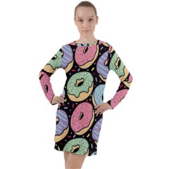 Colorful Donut Seamless Pattern On Black Vector Long Sleeve Hoodie Dress