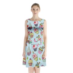 Cupcake Doodle Pattern Sleeveless Waist Tie Chiffon Dress