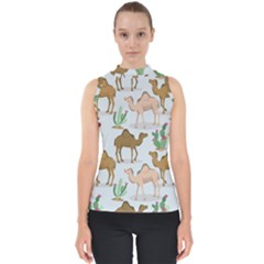 Camels Cactus Desert Pattern Mock Neck Shell Top