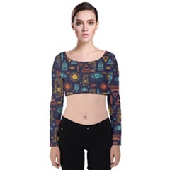 Trendy African Maya Seamless Pattern With Doodle Hand Drawn Ancient Objects Velvet Long Sleeve Crop Top