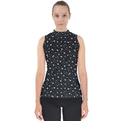 Black And White Intricate Geometric Print Mock Neck Shell Top