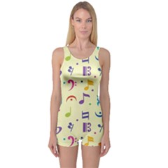 Seamless Pattern Musical Note Doodle Symbol One Piece Boyleg Swimsuit by Vaneshart