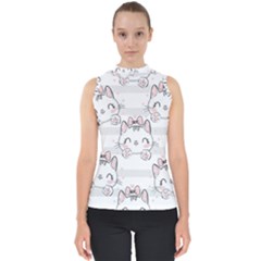 Cat With Bow Pattern Mock Neck Shell Top