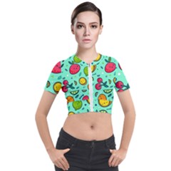 Various Fruits With Faces Seamless Pattern Short Sleeve Cropped Jacket