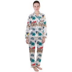 Cute Lazy Sloth Summer Fruit Seamless Pattern Satin Long Sleeve Pyjamas Set