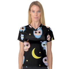 Cute Owl Doodles With Moon Star Seamless Pattern V-neck Sport Mesh Tee