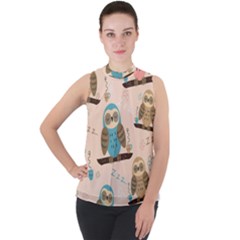 Seamless Pattern Owls Dream Cute Style Fabric Mock Neck Chiffon Sleeveless Top