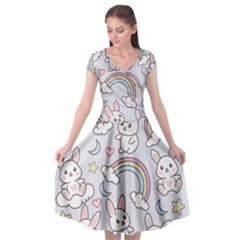 Seamless Pattern With Cute Rabbit Character Cap Sleeve Wrap Front Dress