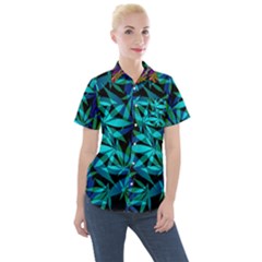 420 Ganja Pattern, Weed Leafs, Marihujana In Colors Women s Short Sleeve Pocket Shirt
