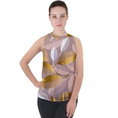 Digital Leafs Mock Neck Chiffon Sleeveless Top