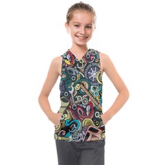 Cartoon-cute-doodles-hand-drawn-auto-service-seamless-pattern Kids  Sleeveless Hoodie
