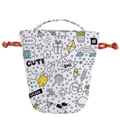 Set Cute Colorful Doodle Hand Drawing Drawstring Bucket Bag