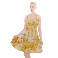 Cheese Slices Seamless Pattern Cartoon Style Halter Party Swing Dress  by BangZart