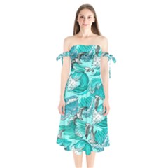 Sea Waves Seamless Pattern Shoulder Tie Bardot Midi Dress
