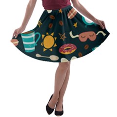 Seamless Pattern With Breakfast Symbols Morning Coffee A-line Skater Skirt