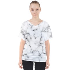 White Faux Marble Texture  V-neck Dolman Drape Top