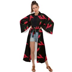 Red, Hot Jalapeno Peppers, Chilli Pepper Pattern At Black, Spicy Maxi Kimono by Casemiro