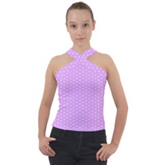 White Polka Dot Pastel Purple Background, Pink Color Vintage Dotted Pattern Cross Neck Velour Top