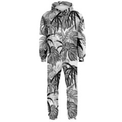Black And White Leafs Pattern, Tropical Jungle, Nature Themed Hooded Jumpsuit (men) 