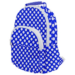 Dark Blue And White Polka Dots Pattern, Retro Pin-up Style Theme, Classic Dotted Theme Rounded Multi Pocket Backpack by Casemiro