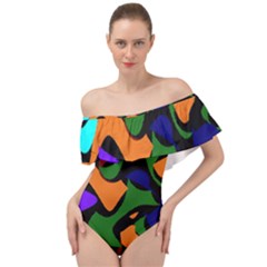 Trippy Paint Splash, Asymmetric Dotted Camo In Saturated Colors Off Shoulder Velour Bodysuit 