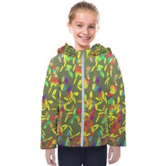 Colorful Brush Strokes Painting On A Green Background                                                   Kids  Hooded Puffer Jacket