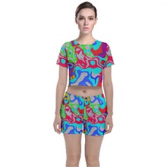 Colorful Distorted Shapes On A Grey Background                                                    Crop Top And Shorts Co-ord Set