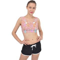 Cute Kawaii Kittens Seamless Pattern V-back Sports Bra