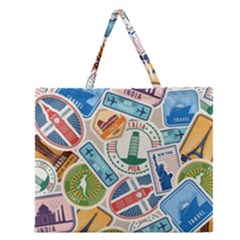 Travel Pattern Immigration Stamps Stickers With Historical Cultural Objects Travelling Visa Immigrant Zipper Large Tote Bag by Amaryn4rt