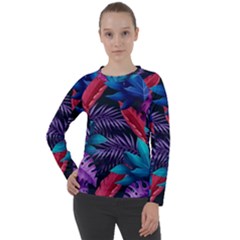 Background With Violet Blue Tropical Leaves Women s Long Sleeve Raglan Tee
