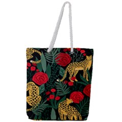 Seamless-pattern-with-leopards-and-roses-vector Full Print Rope Handle Tote (large) by Sobalvarro