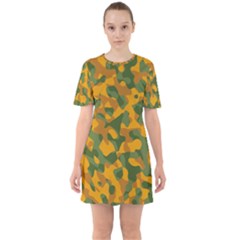 Green And Orange Camouflage Pattern Sixties Short Sleeve Mini Dress by SpinnyChairDesigns