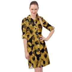 Black Yellow Brown Camouflage Pattern Long Sleeve Mini Shirt Dress by SpinnyChairDesigns