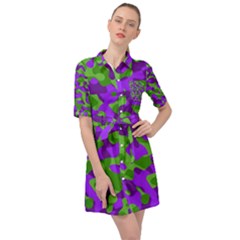 Purple And Green Camouflage Belted Shirt Dress by SpinnyChairDesigns