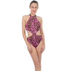 Pink And Brown Camouflage Halter Side Cut Swimsuit
