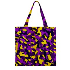 Purple And Yellow Camouflage Pattern Zipper Grocery Tote Bag by SpinnyChairDesigns