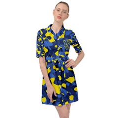 Blue And Yellow Camouflage Pattern Belted Shirt Dress by SpinnyChairDesigns