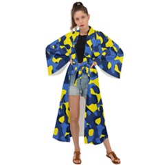Blue And Yellow Camouflage Pattern Maxi Kimono