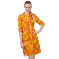 Orange And Yellow Camouflage Pattern Long Sleeve Mini Shirt Dress by SpinnyChairDesigns
