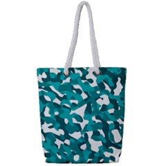 Teal And White Camouflage Pattern Full Print Rope Handle Tote (small) by SpinnyChairDesigns