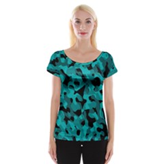 Black And Teal Camouflage Pattern Cap Sleeve Top