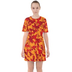 Red And Orange Camouflage Pattern Sixties Short Sleeve Mini Dress by SpinnyChairDesigns