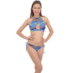 Infinity Painting Blue Cross Front Halter Bikini Set