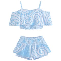 Light Blue And White Abstract Paisley Kids  Off Shoulder Skirt Bikini