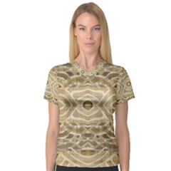 Ecru And Brown Intricate Pattern V-neck Sport Mesh Tee