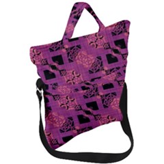 Fuchsia Black Abstract Checkered Stripes  Fold Over Handle Tote Bag by SpinnyChairDesigns