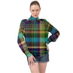 Colorful Madras Plaid High Neck Long Sleeve Chiffon Top