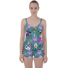 Blue Denim And Drawings Daisies Aqua Tie Front Two Piece Tankini